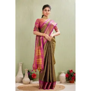 Women's Cotton Blended Jaquard Woven Saree with Blouse – Green