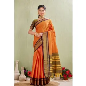 Women's Cotton Blended Jaquard Woven Saree with Blouse – Orange