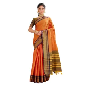 Women's Cotton Blended Jaquard Woven Saree with Blouse – Orange