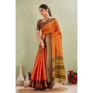 Women's Cotton Blended Jaquard Woven Saree with Blouse – Orange