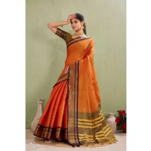 Women's Cotton Blended Jaquard Woven Saree with Blouse – Orange