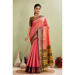 Women's Cotton Blended Jaquard Woven Saree with Blouse – Pink