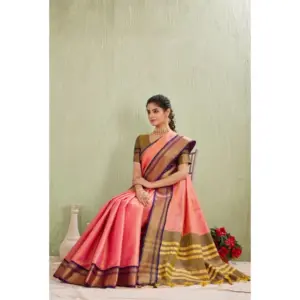 Women's Cotton Blended Jaquard Woven Saree with Blouse – Pink