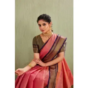Women's Cotton Blended Jaquard Woven Saree with Blouse – Pink
