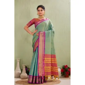 Women's Cotton Blended Jaquard Woven Saree with Blouse – Light Green