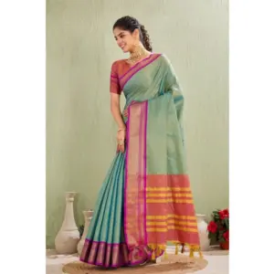 Women's Cotton Blended Jaquard Woven Saree with Blouse – Light Green
