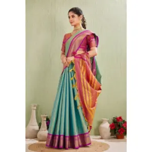 Women's Cotton Blended Jaquard Woven Saree with Blouse – Light Green