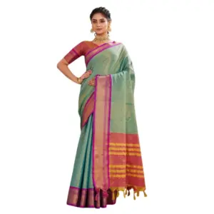 Women's Cotton Blended Jaquard Woven Saree with Blouse – Light Green
