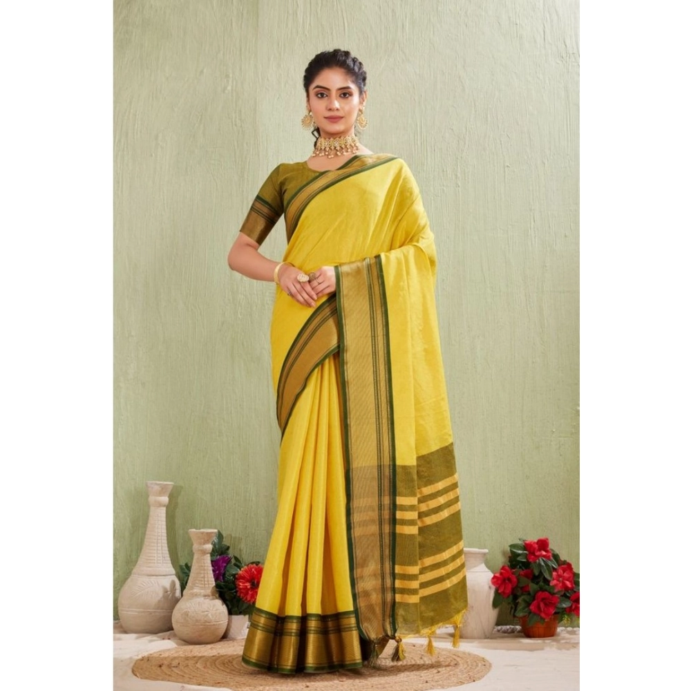 Women's Cotton Blended Jaquard Woven Saree with Blouse – Yellow