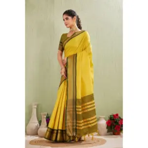 Women's Cotton Blended Jaquard Woven Saree with Blouse – Yellow