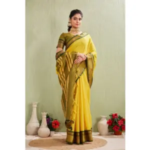 Women's Cotton Blended Jaquard Woven Saree with Blouse – Yellow