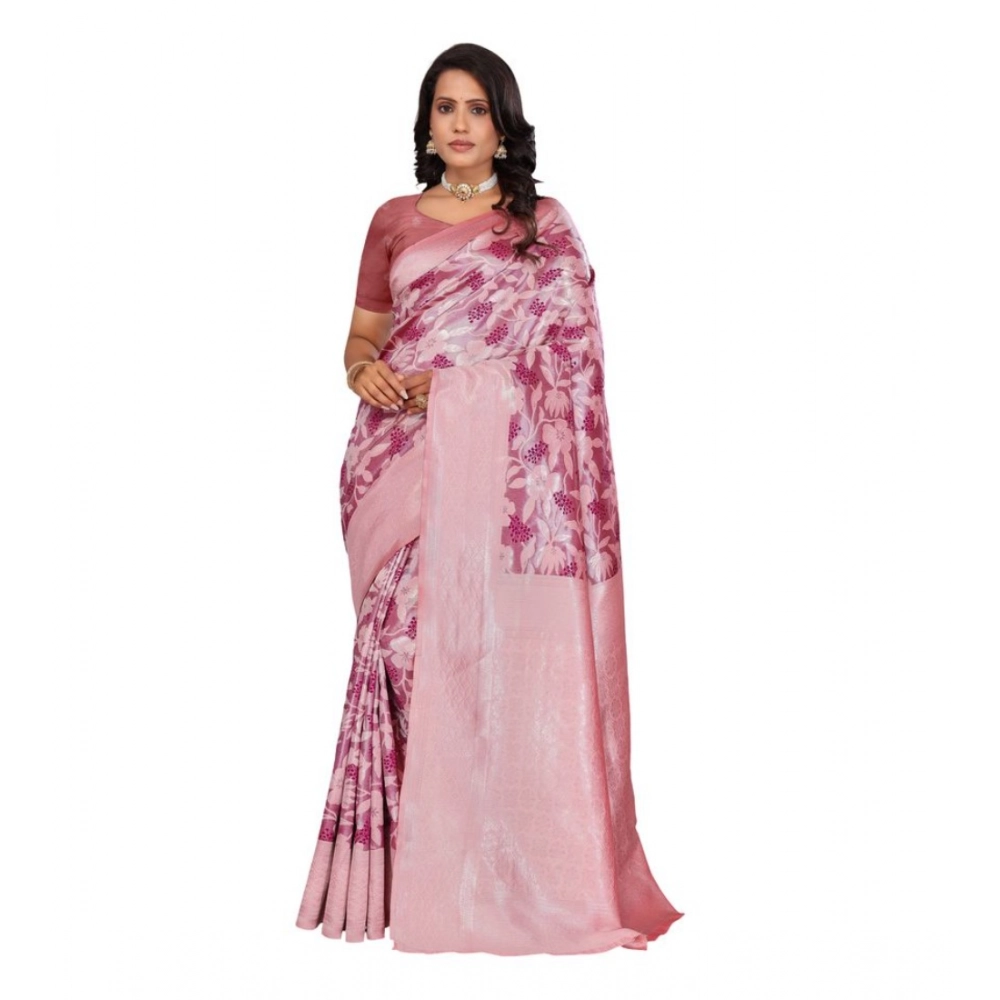 Women's Banarasi Silk Jaquard Woven Saree with Blouse – Pink