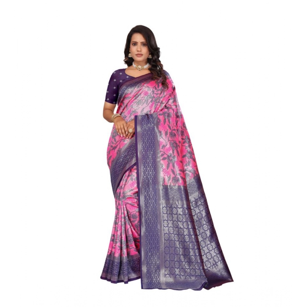 Women's Banarasi Silk Jaquard Woven Saree with Blouse – Pink