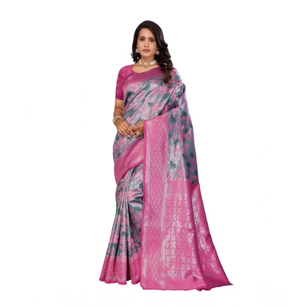 Women's Banarasi Silk Jaquard Woven Saree with Blouse – Pink