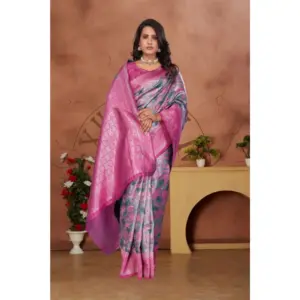 Women's Banarasi Silk Jaquard Woven Saree with Blouse – Pink