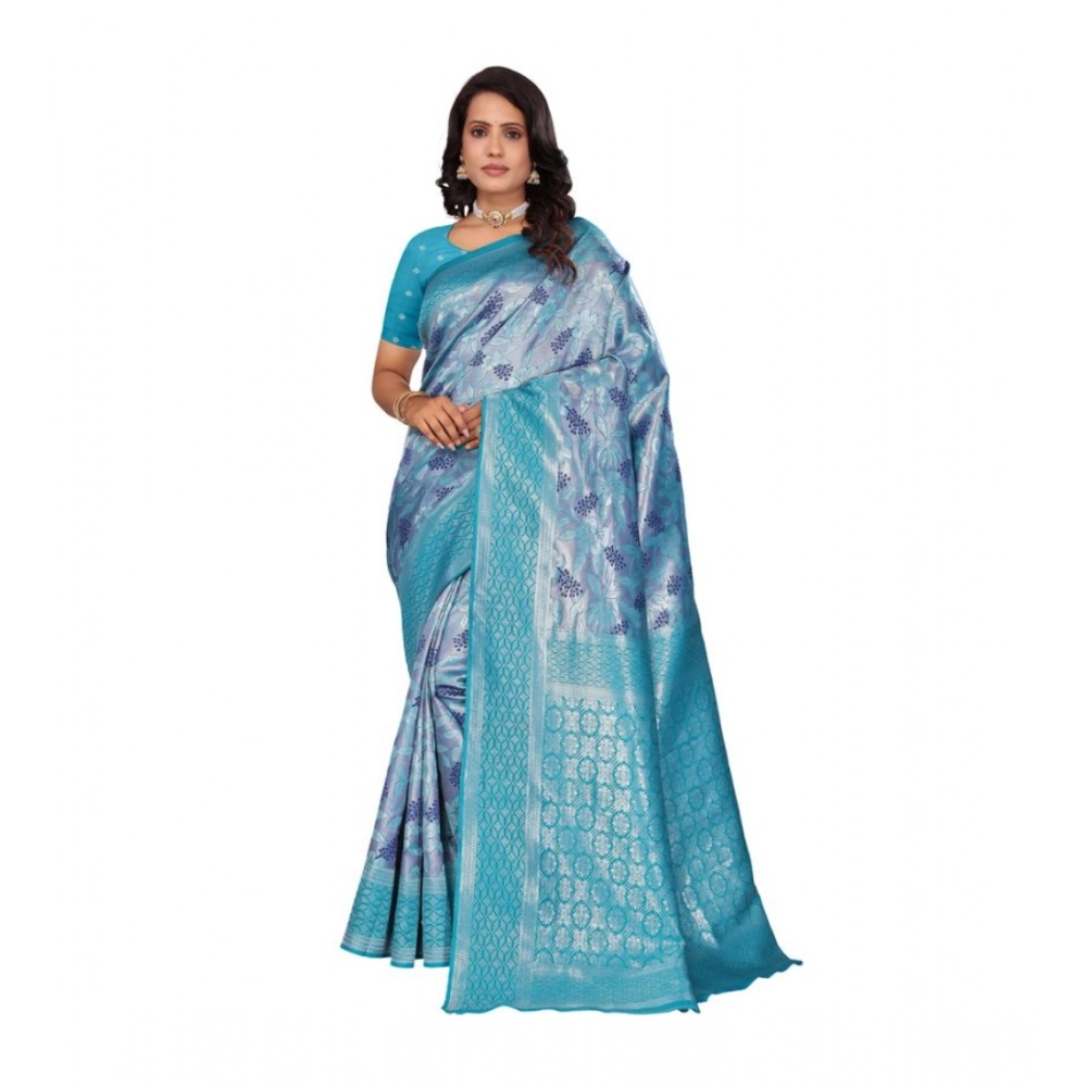 Women's Banarasi Silk Jaquard Woven Saree with Blouse – Light Blue