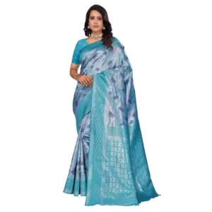 Women's Banarasi Silk Jaquard Woven Saree with Blouse – Light Blue