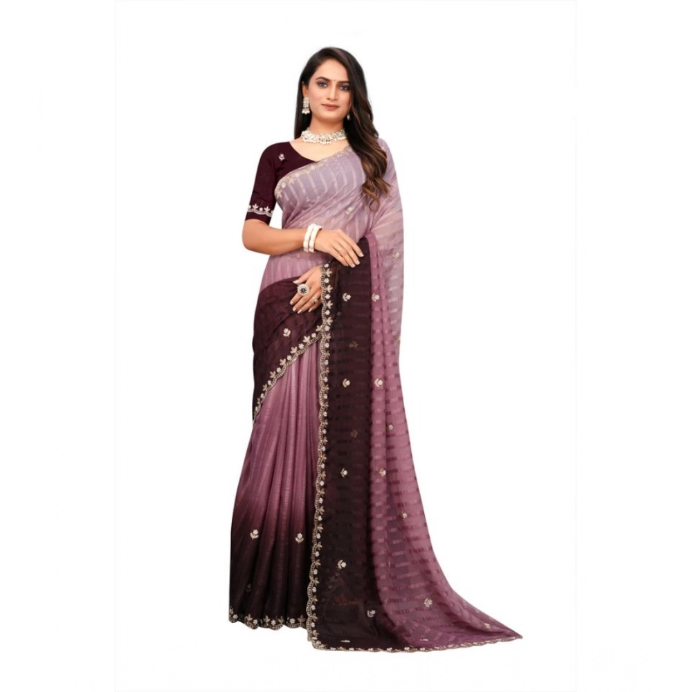 Women's Chiffon Embroidred Saree with Blouse – Beige