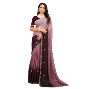 Women's Chiffon Embroidred Saree with Blouse – Beige