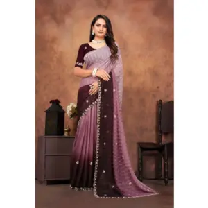 Women's Chiffon Embroidred Saree with Blouse – Beige