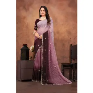 Women's Chiffon Embroidred Saree with Blouse – Beige