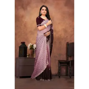 Women's Chiffon Embroidred Saree with Blouse – Beige