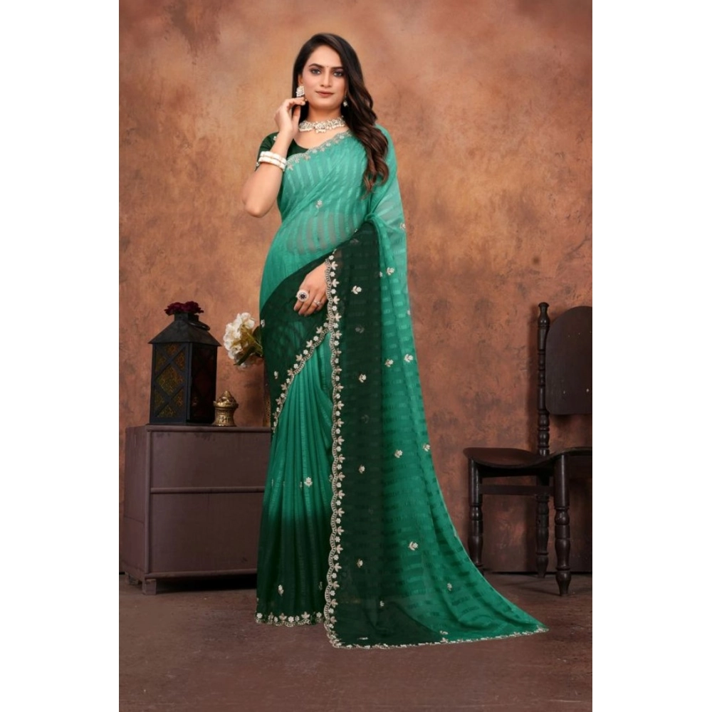 Women's Chiffon Embroidred Saree with Blouse – Dark Green