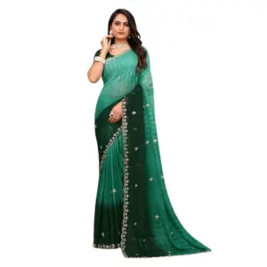Women's Chiffon Embroidred Saree with Blouse – Dark Green