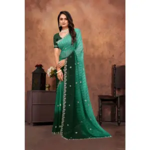 Women's Chiffon Embroidred Saree with Blouse – Dark Green