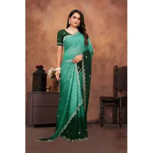 Women's Chiffon Embroidred Saree with Blouse – Dark Green