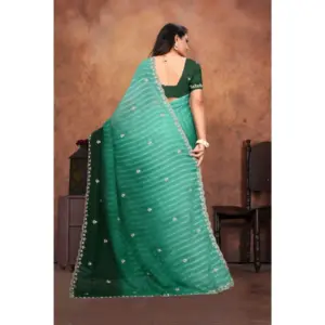 Women's Chiffon Embroidred Saree with Blouse – Dark Green