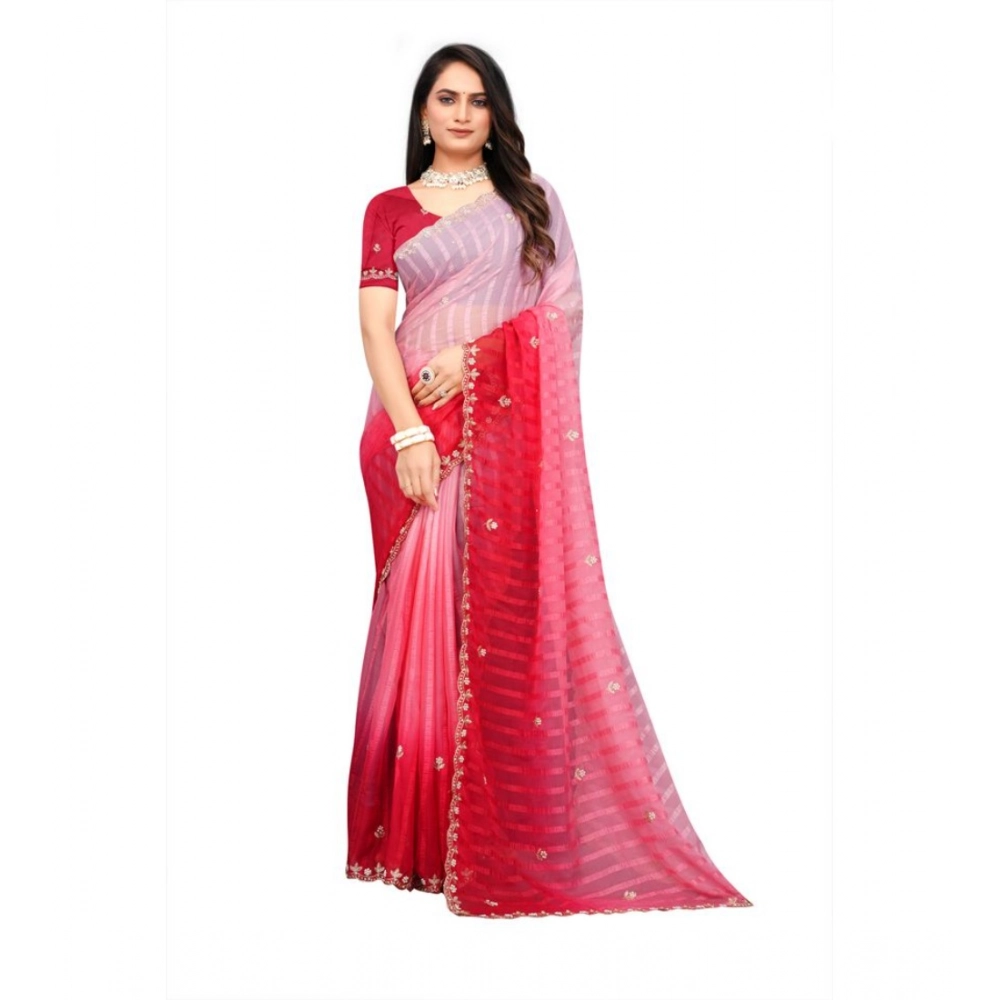 Women's Chiffon Embroidred Saree with Blouse – Pink