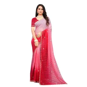 Women's Chiffon Embroidred Saree with Blouse – Pink