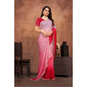 Women's Chiffon Embroidred Saree with Blouse – Pink
