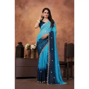 Women's Chiffon Embroidred Saree with Blouse – Light Blue