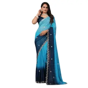 Women's Chiffon Embroidred Saree with Blouse – Light Blue