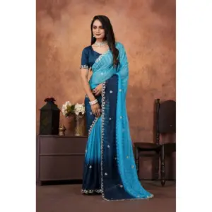 Women's Chiffon Embroidred Saree with Blouse – Light Blue