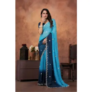 Women's Chiffon Embroidred Saree with Blouse – Light Blue