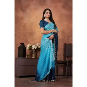 Women's Chiffon Embroidred Saree with Blouse – Light Blue