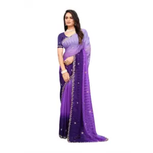 Women's Chiffon Embroidred Saree with Blouse – Purple
