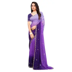 Women's Chiffon Embroidred Saree with Blouse – Purple