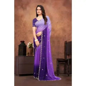 Women's Chiffon Embroidred Saree with Blouse – Purple