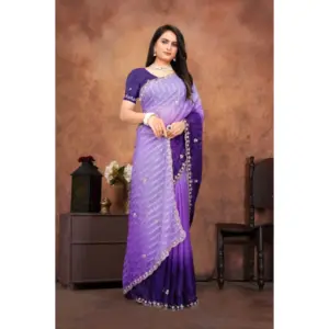 Women's Chiffon Embroidred Saree with Blouse – Purple