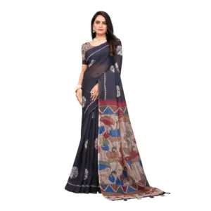 Women's Linen Printed Saree with Blouse – Black