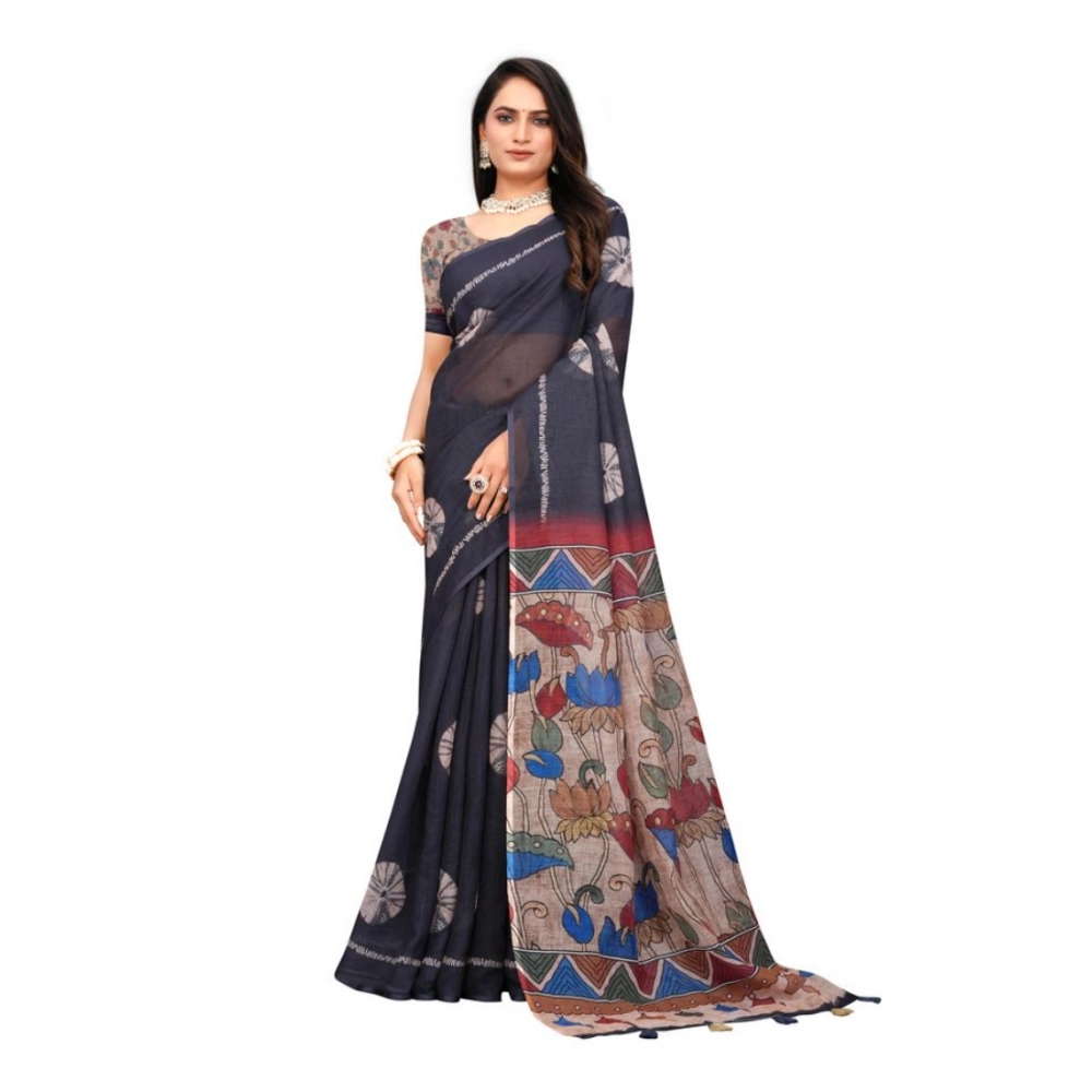 Women's Linen Printed Saree with Blouse – Black