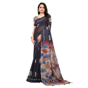 Women's Linen Printed Saree with Blouse – Black