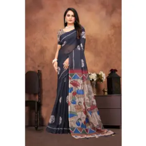 Women's Linen Printed Saree with Blouse – Black