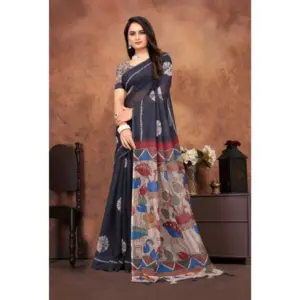 Women's Linen Printed Saree with Blouse – Black