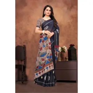 Women's Linen Printed Saree with Blouse – Black