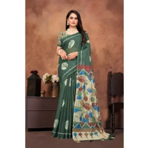 Women's Linen Printed Saree with Blouse – Dark Green